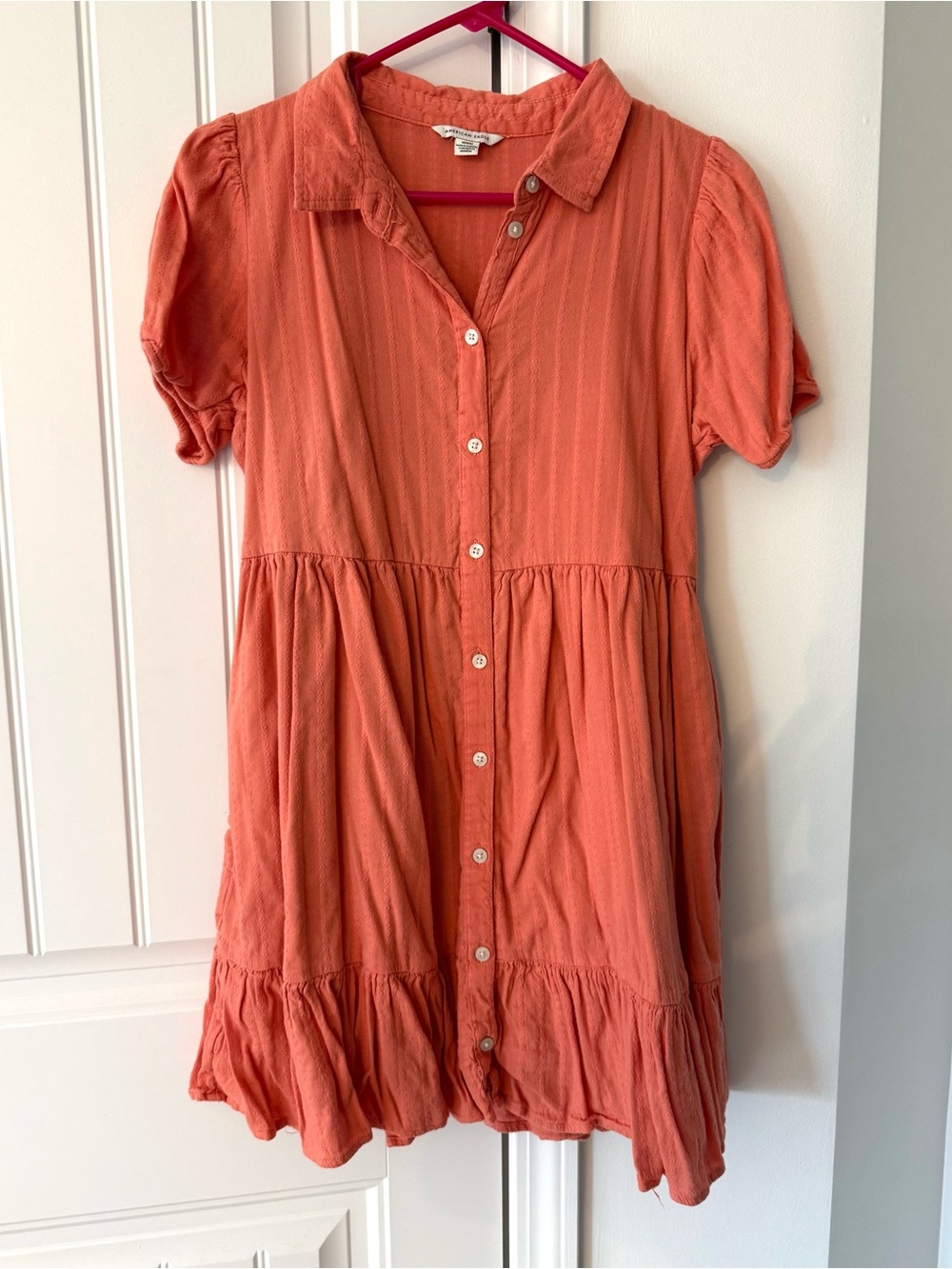 American Eagle Outfitters Coral Button-Front Tiered Dress
